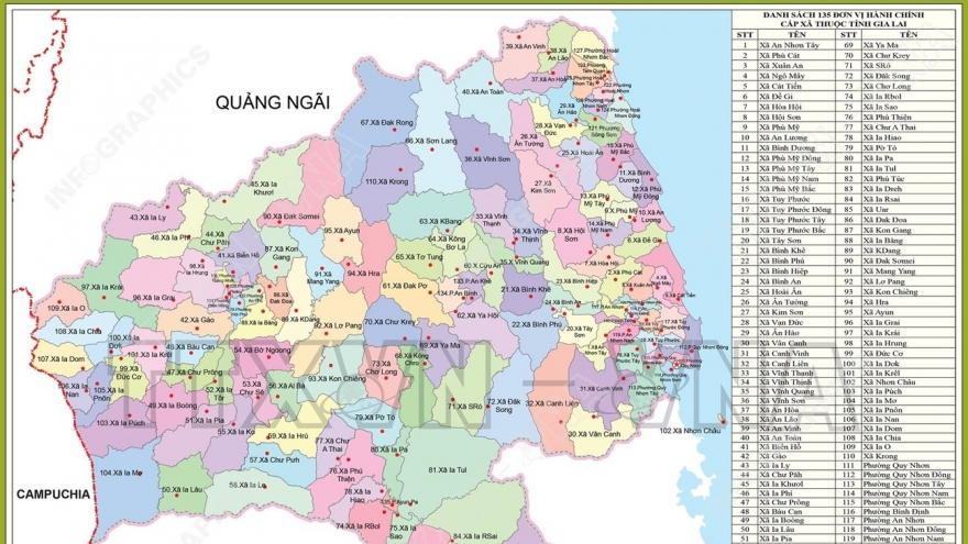Bản đồ chi tiết 135 đơn vị hành chính cấp xã của Gia Lai từ ngày 16/6/2025